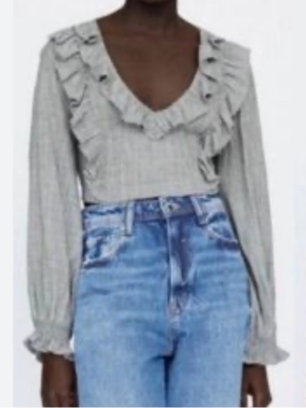 Zara Gray Ruffle V-Neck Balloon Sleeve Crop Top Cottagecore XS